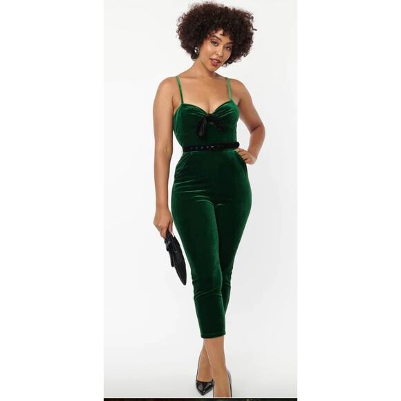 Unique Vintage Velvet Holiday Cropped Jumpsuit Emerald Sz L #8 - Picture 6 of 6